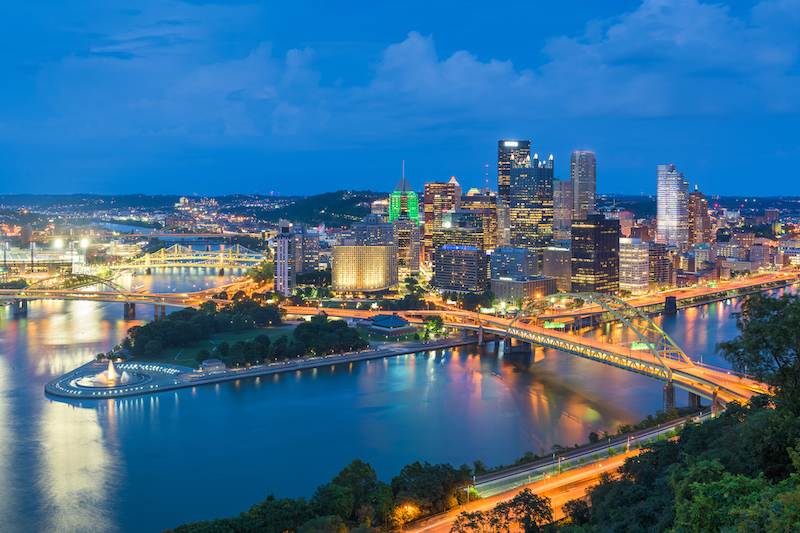 Pittsburgh, Pennsylvania, USA city skyline from the incline at night.